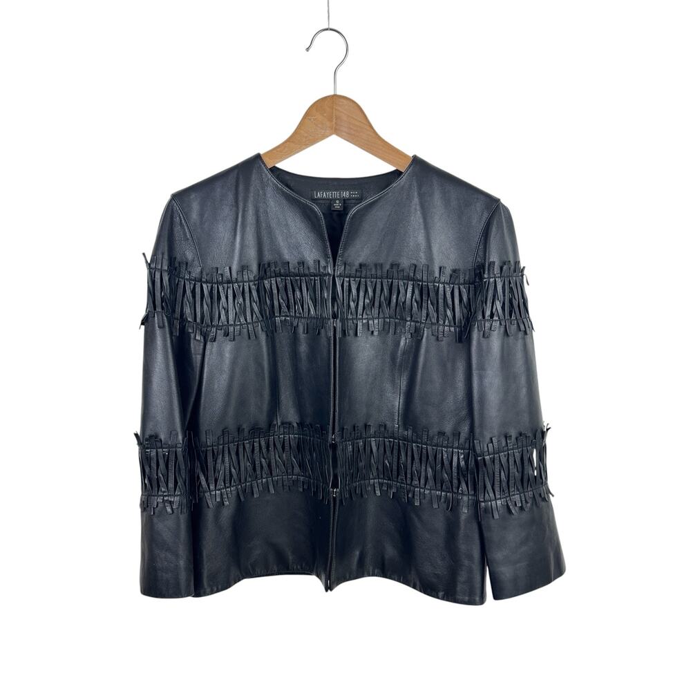 Lafayette 148 Lambskin Leather Jacket with Woven Trim